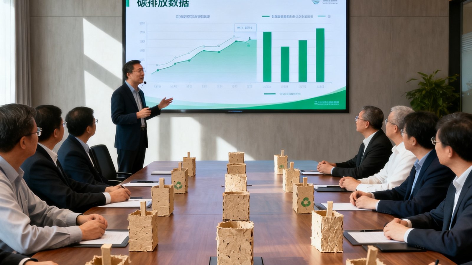 一场碳中和会议现场，桌上摆放着可降解材料制作的会议用品，墙面显示屏实时展示碳排放数据，参会者正在专注聆听演讲