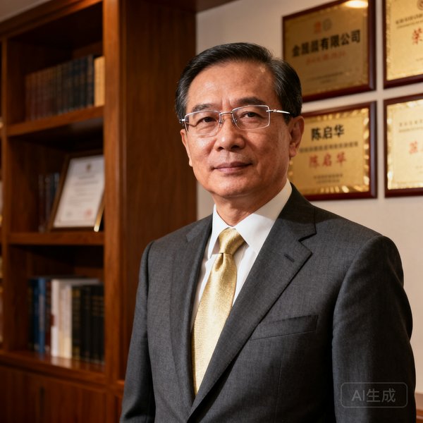 168贵宾会集团创始人陈启华先生的半身商务照，他年约五十岁，戴着无框眼镜，身着深灰色定制西装搭配浅金色领带，背景是书架与公司荣誉墙，神情沉稳而自信