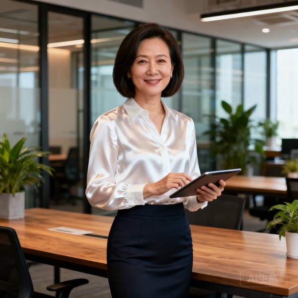运营总监林婉如女士的职业肖像照，她约四十岁，齐肩短发干练利落，身着白色丝质衬衫配深色窄裙，手持平板电脑，背景是现代化的开放式办公区